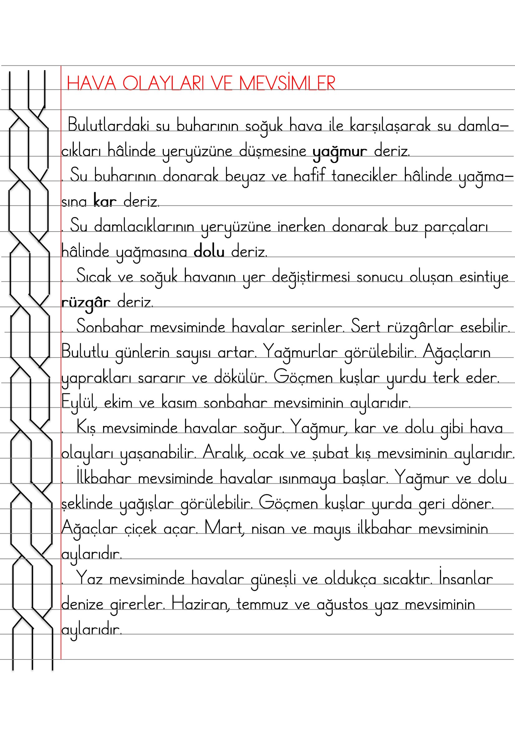 2. Sınıf - Hayat Bilgisi Hava Olayları ve Mevsimler Defter Özeti