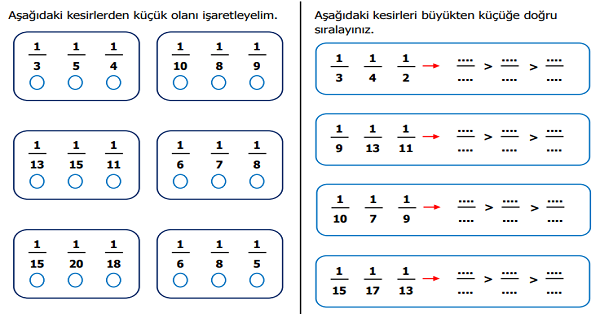 4. Sınıf Matematik Birim Kesirleri Karşılaştırma ve Sıralama Etkinliği 3