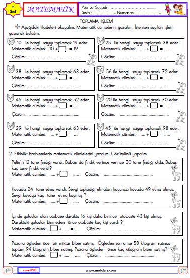 2. Sınıf Matematik Verilmeyen Toplananı Bulma  Etkinliği 4