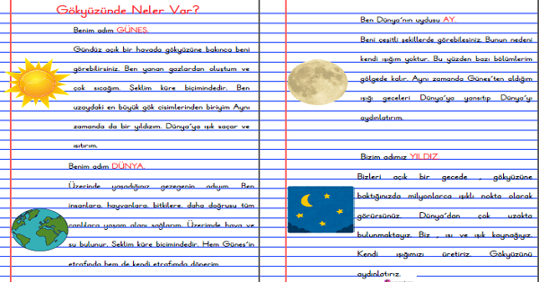 1. Sınıf Hayat Bilgisi Gökyüzünde Neler Var Defter Notu ve Kes-Yapıştır Etkinlikleri