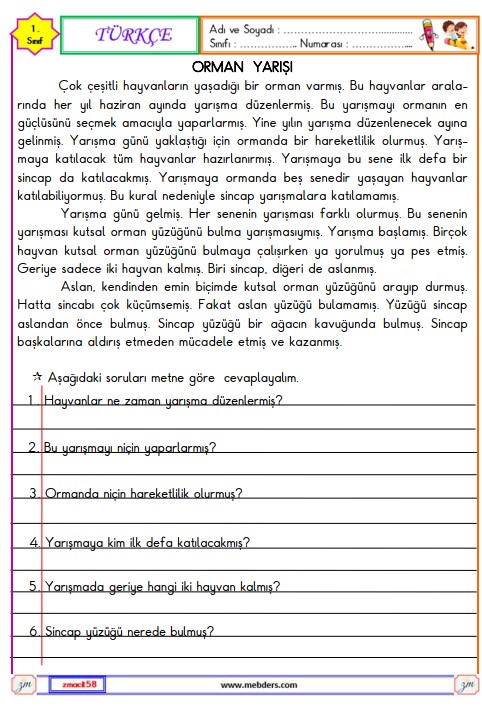 1. Sınıf Türkçe Okuma ve Anlama Etkinliği 21 (Orman Yarışı)