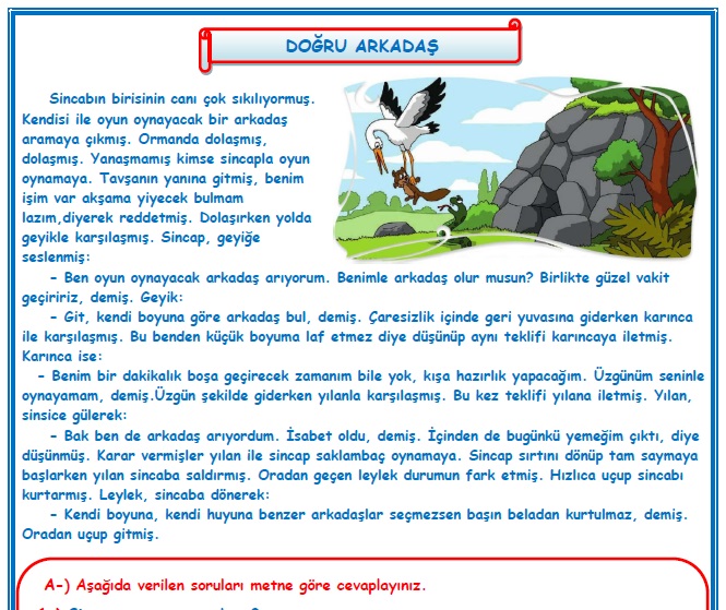 2. Sınıf Türkçe Doğru Arkadaş Okuma Anlama Metin Çalışması