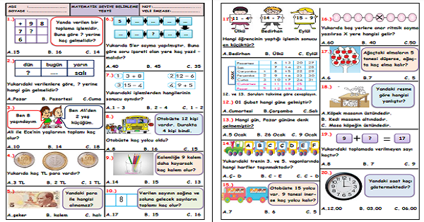 1. Sınıf -Matematik Seviye Belirleme Test-1