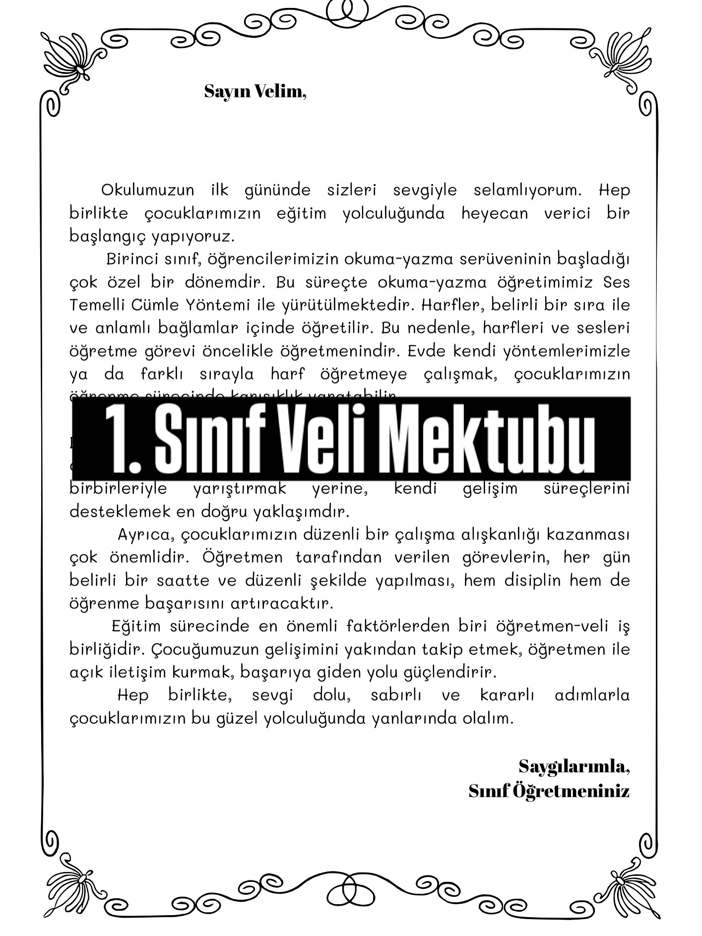 1. Sınıf Veli Mektubu Word