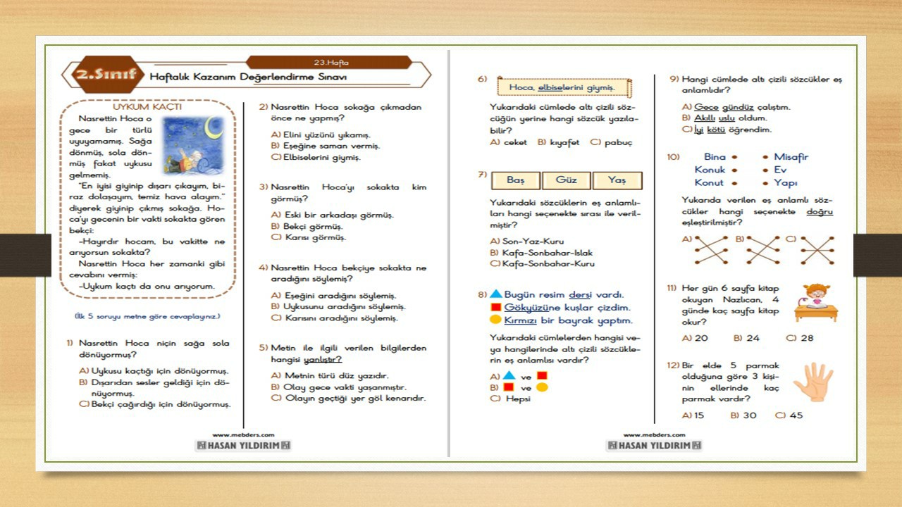 2. Sınıf Haftalık Değerlendirme Testi-23.Hafta(22-26 Mart)