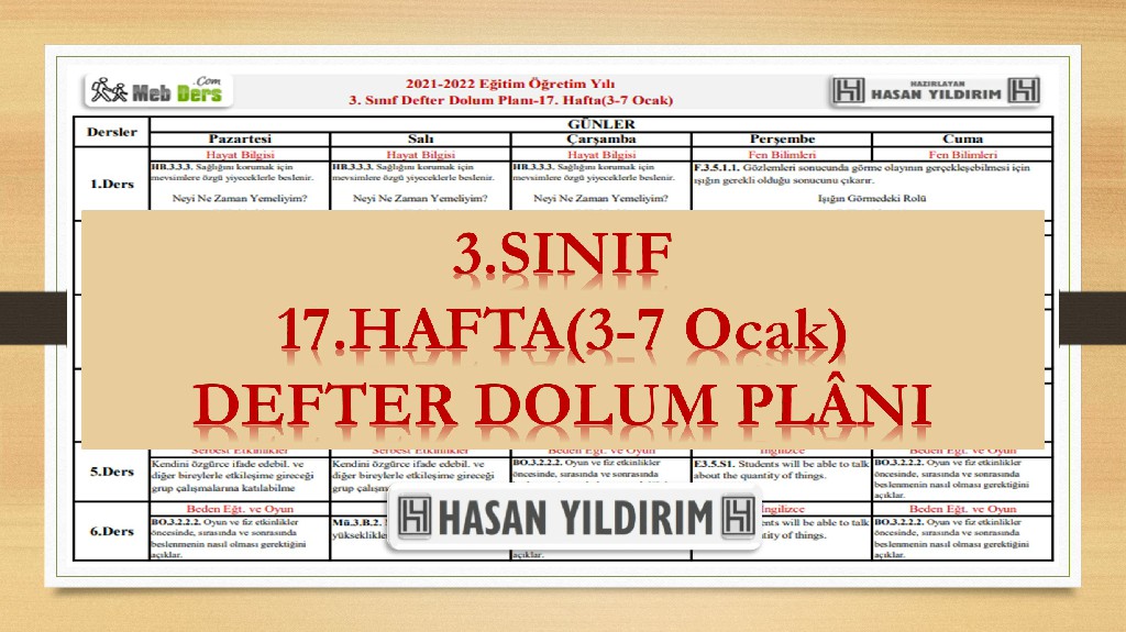 3. Sınıf 17.Hafta(3-7 Ocak) Defter Dolum Planı