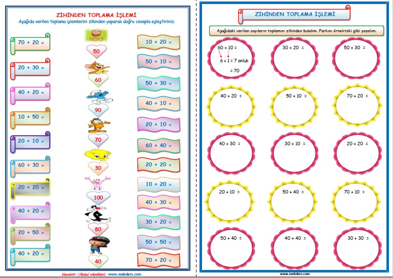 2. Sınıf Matematik Zİhinden Toplama İşlemi (6 Sayfa)