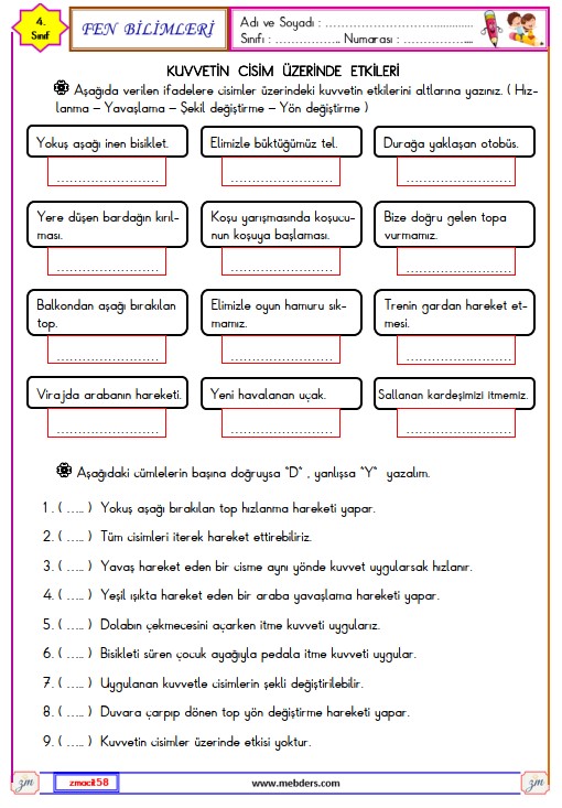 4. Sınıf Fen Bilimleri Kuvvetin Cisim Üzerinde Etkileri Etkinliği 2