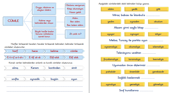 1. Sınıf Türkçe Cümle Bilgisi Etkinlik Sayfaları (5 Sayfa)