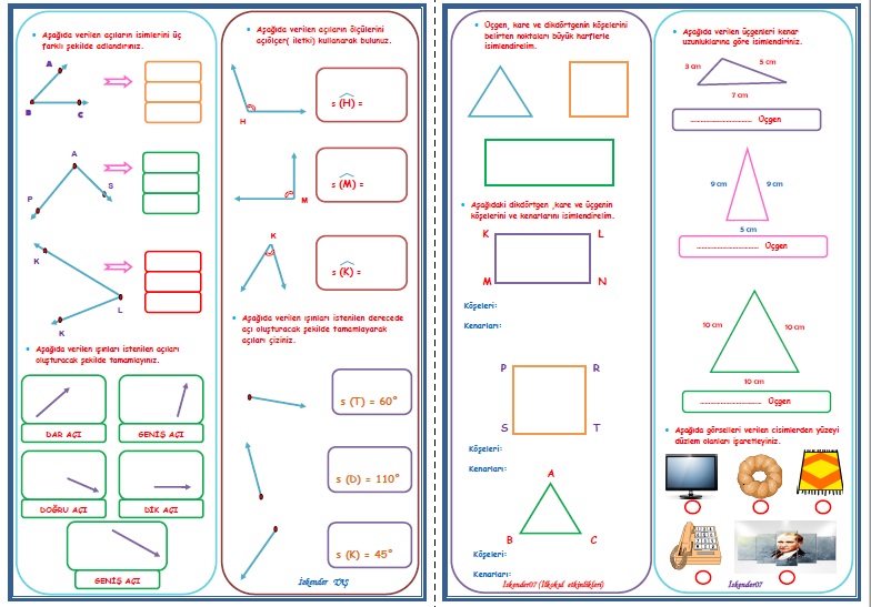 4. Sınıf Matematik Açılar ve Geometrik Şekiller Etkinlik Çalışması