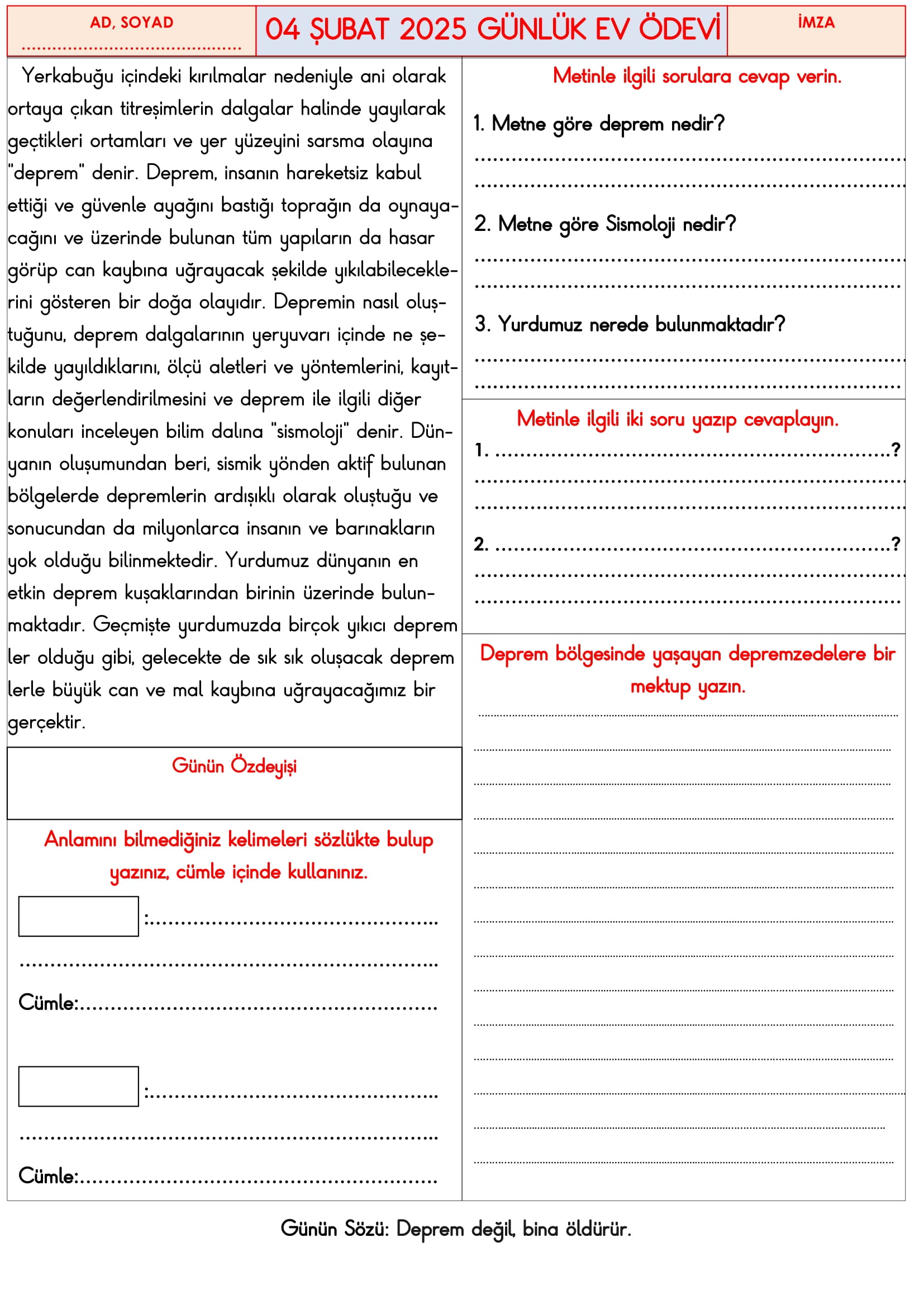 3. Sınıf 04 Şubat 2025 Günlük Ev Ödevi
