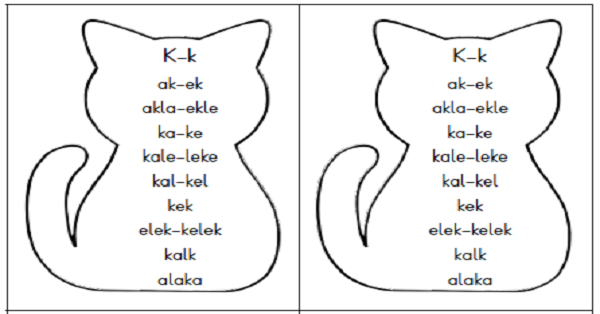 1. Sınıf İlk Okuma Yazma (K-k Sesi) Kedi Şablonlu Hece-Kelime Okuma Kartı
