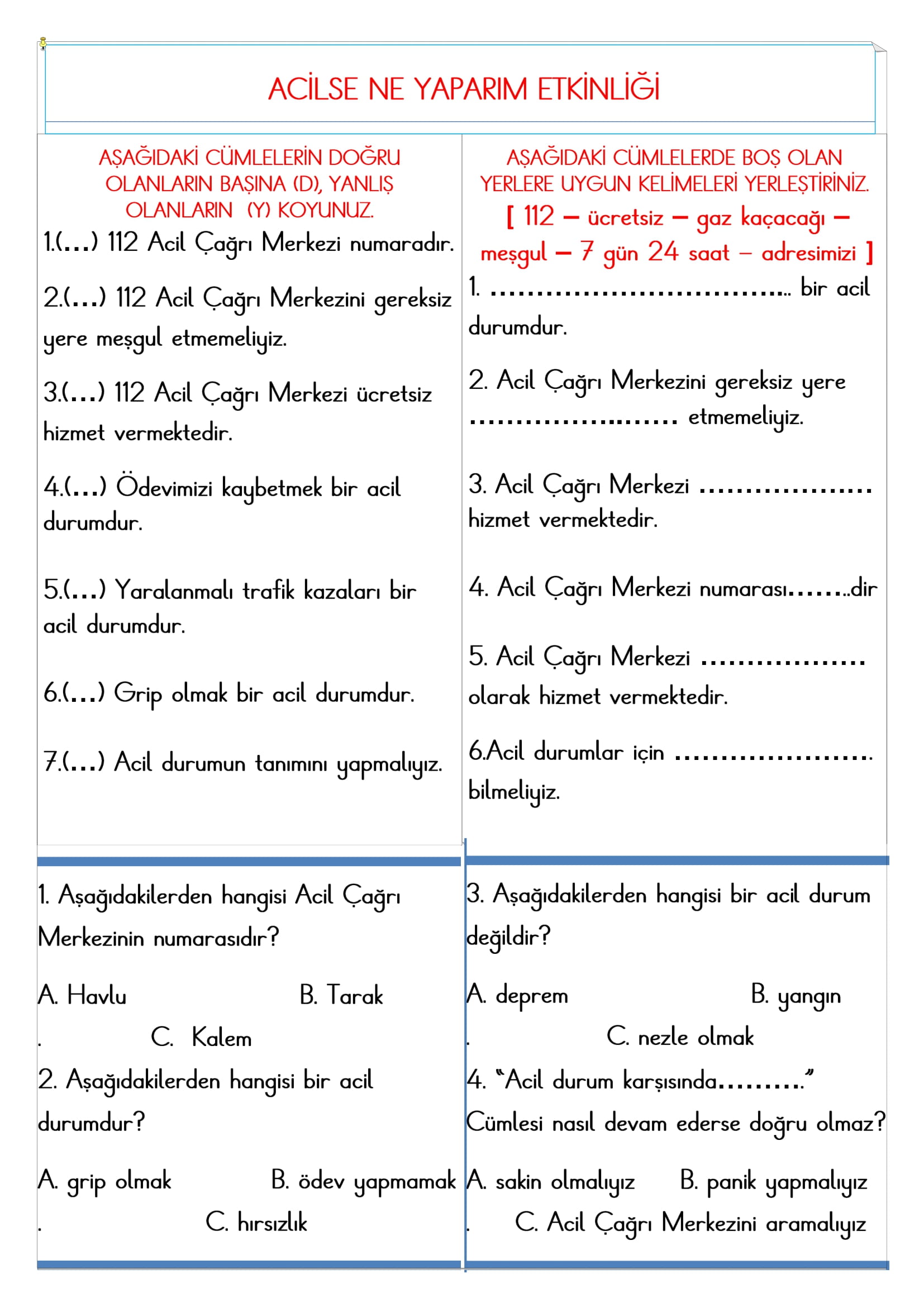 2. Sınıf - Hayat Bilgisi Acilse Ne Yaparım Etkinliği