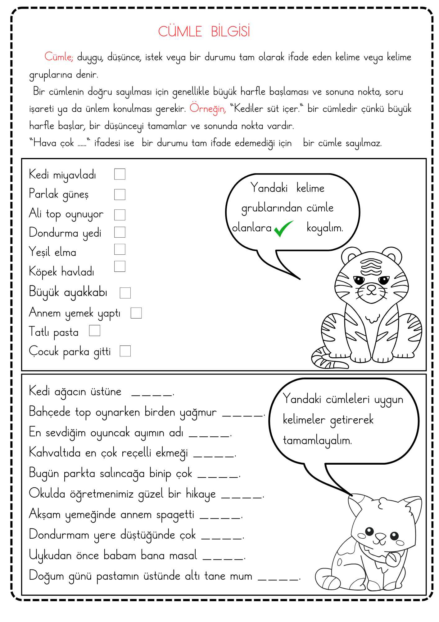 1. Sınıf Türkçe Cümlede Bilgisi