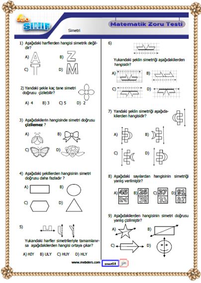 4. Sınıf Matematik Simetri Kazanım Testi
