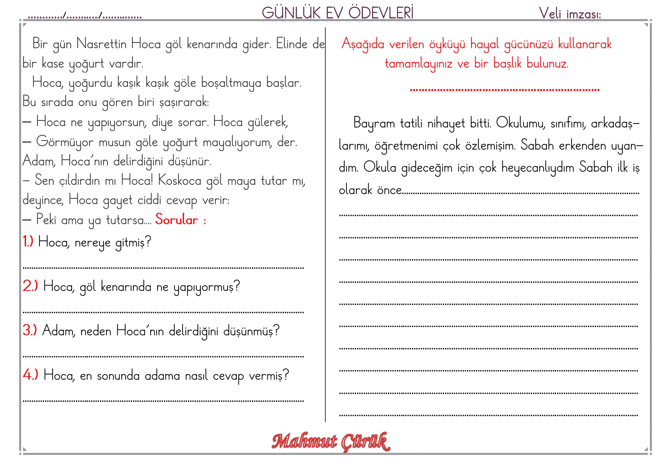 1. Sınıf - 01 Haziran 2026 Günlük Ev Ödevleri