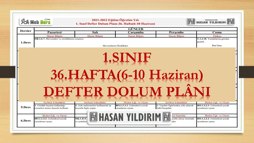 1. Sınıf 36.Hafta(6-10 Haziran) Defter Dolum Planı
