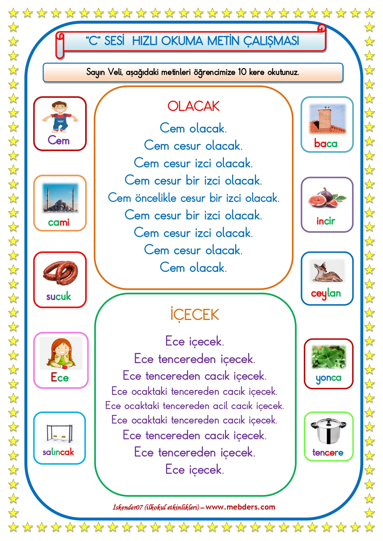1. Sınıf C-c Sesi Hızlı Okuma Çalışması (Karesel Metin)