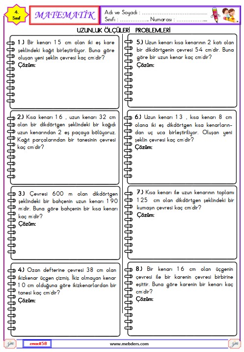 4. Sınıf Matematik Çevre Ölçme ile İlgili Problemler Etkinliği 13