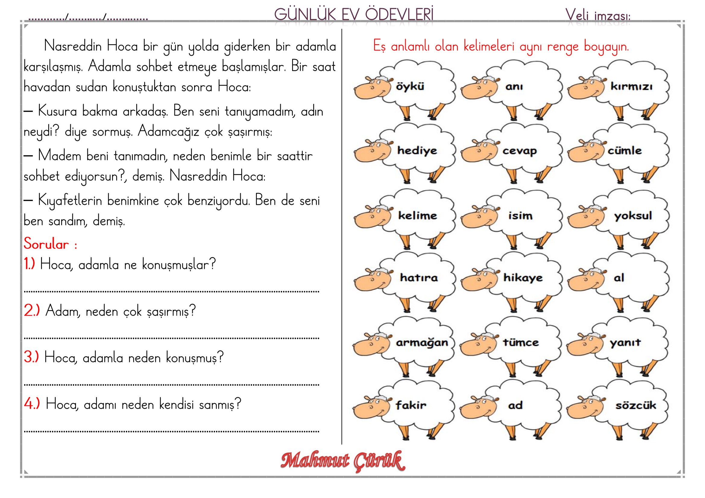 1. Sınıf - 08 Haziran 2026 Günlük Ev Ödevleri