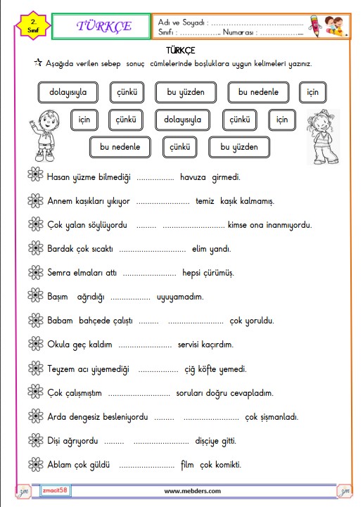 2. Sınıf Türkçe Sebep Sonuç Cümleleri Etkinliği 7