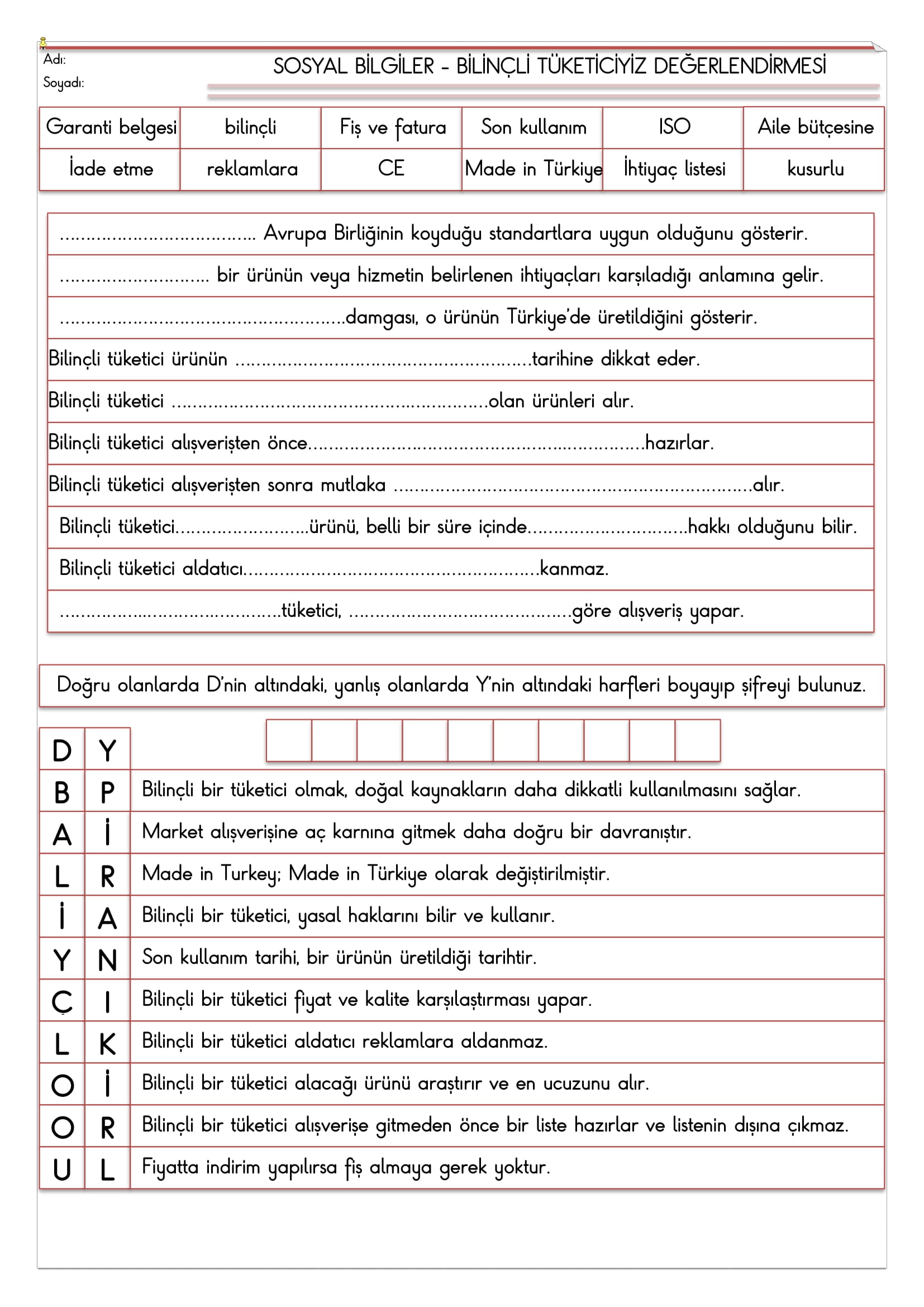 4. Sınıf - Sosyal Bilgiler Bilinçli Tüketiciyiz Değerlendirmesi