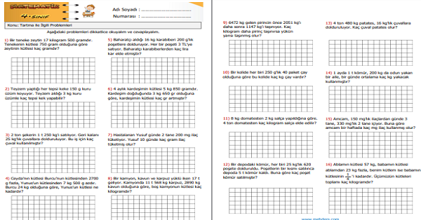 4. Sınıf Matematik Tartma ile İlgili Problemler 3
