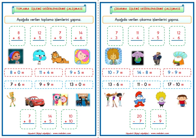 1. Sınıf Matematik Toplama ve Çıkarma İşlemi Değerlendirme Çalışması (24 tane - 2 Sayfa)