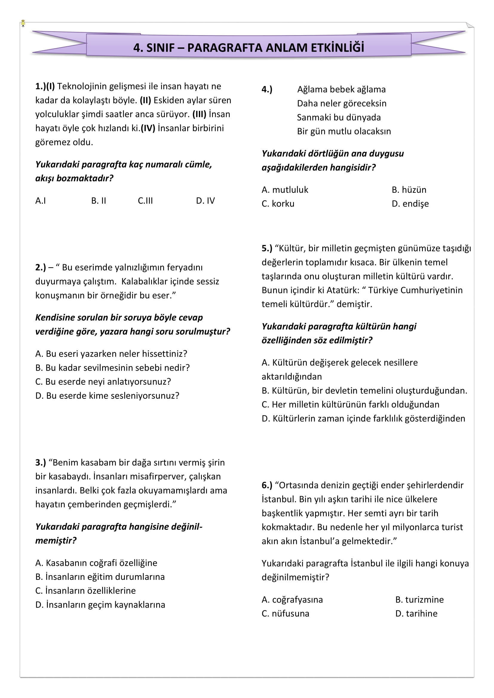 4. Sınıf - Türkçe - Paragrafta Anlam Etkinliği - 1