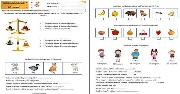 2. Sınıf Matematik Tartma (Nesneleri Tartalım ve Karşılaştıralım) Etkinliği 2