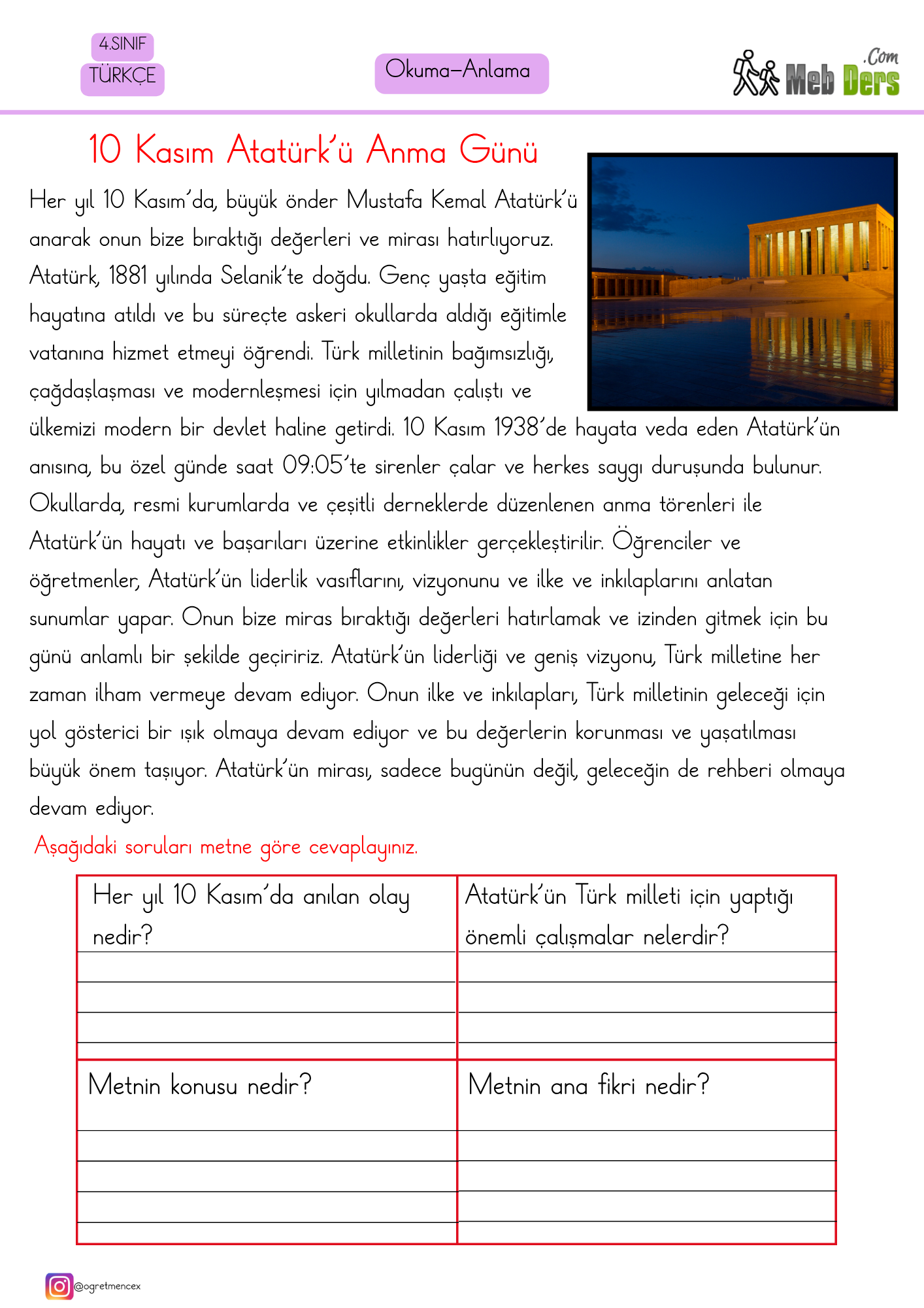 4. Sınıf Türkçe Okuduğunu Anlama Çalışması 1