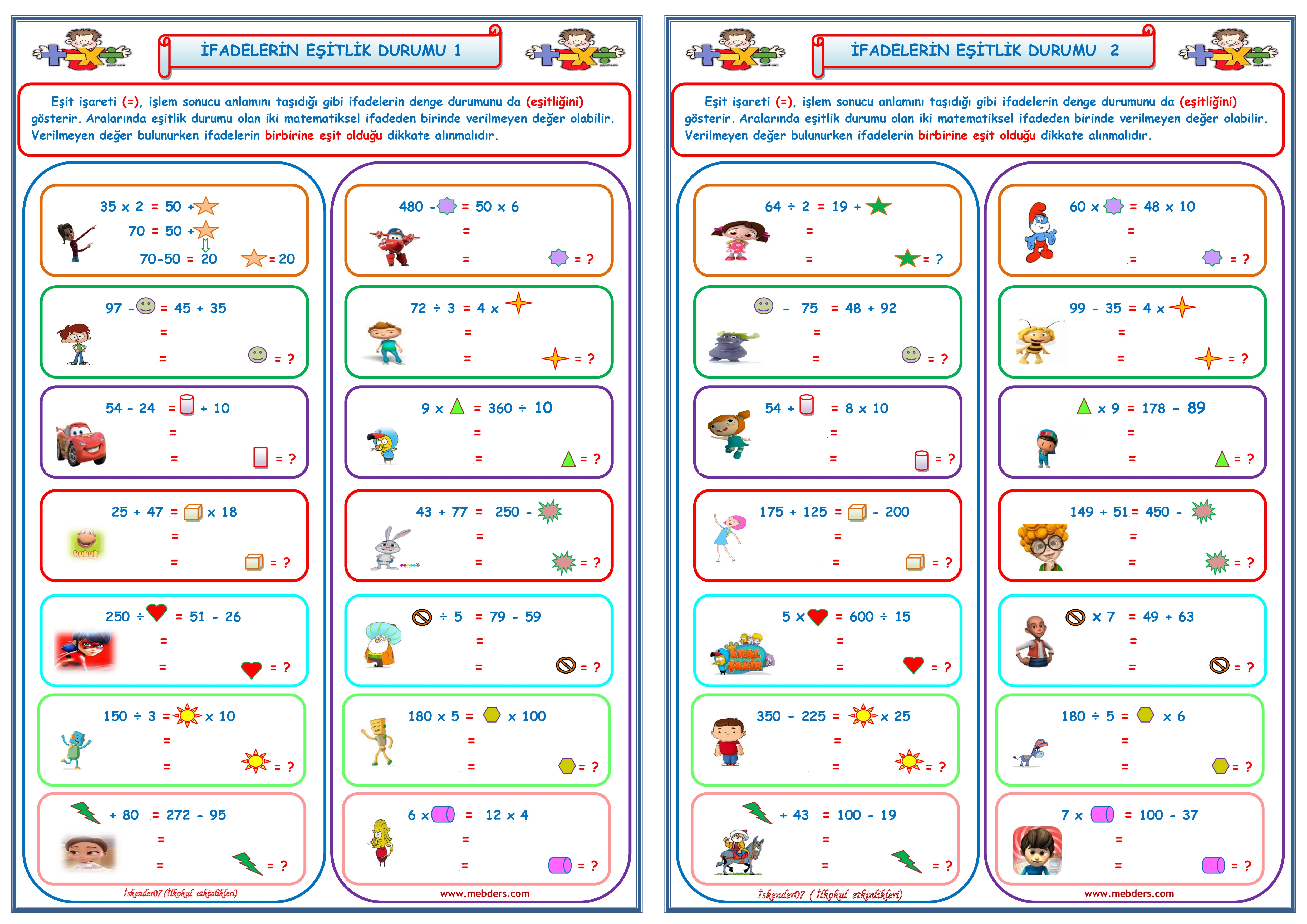 4. Sınıf Matematik İfadelerin Eşitlik Durumları 1-2 (2 Sayfa)