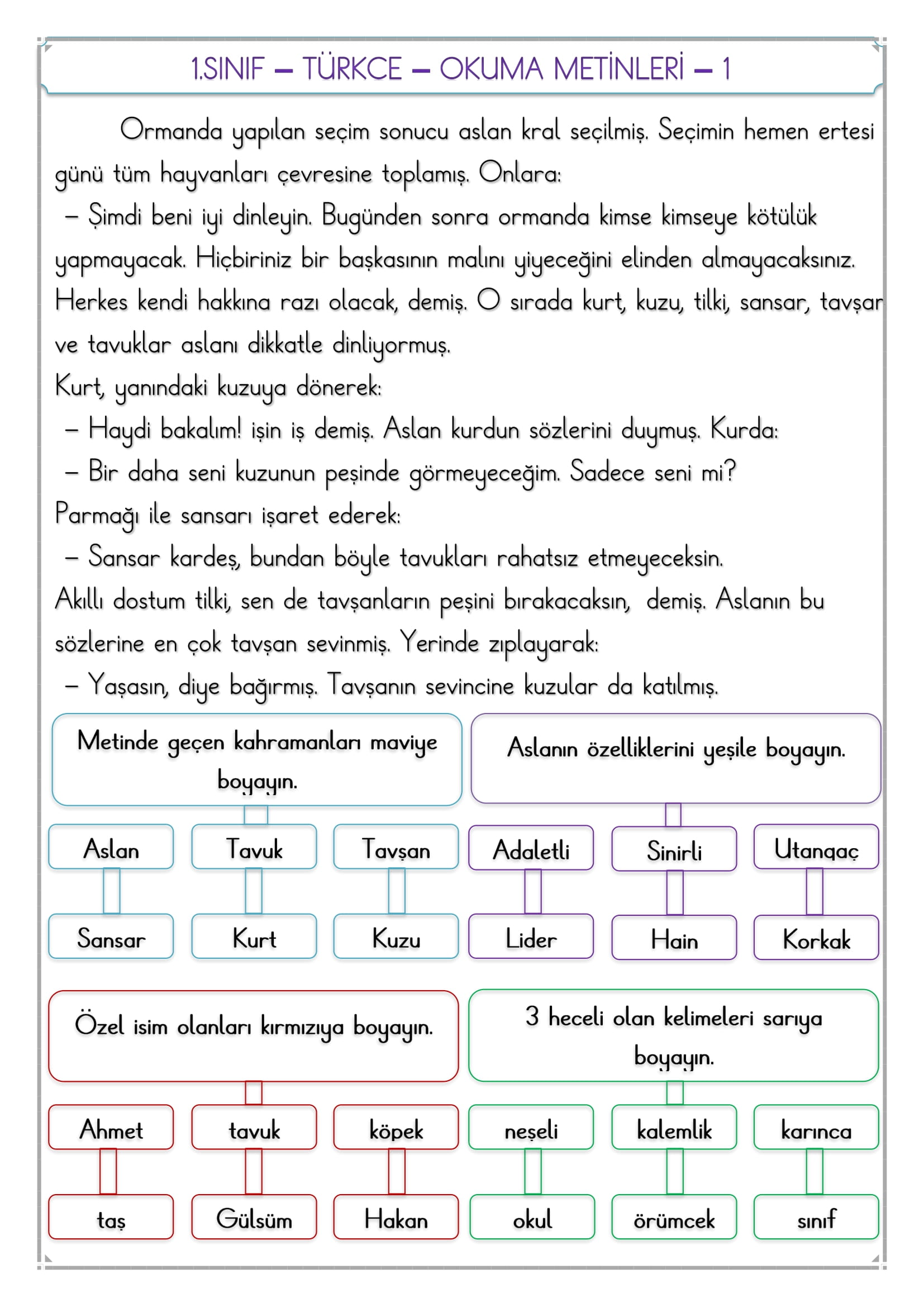 1. Sınıf - Türkçe - Okuma Metni ve Dilbilgisi Çalışması