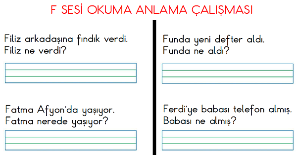 1. Sınıf İlk Okuma Yazma (F-f Sesi) Okuma-Anlama Çalışması