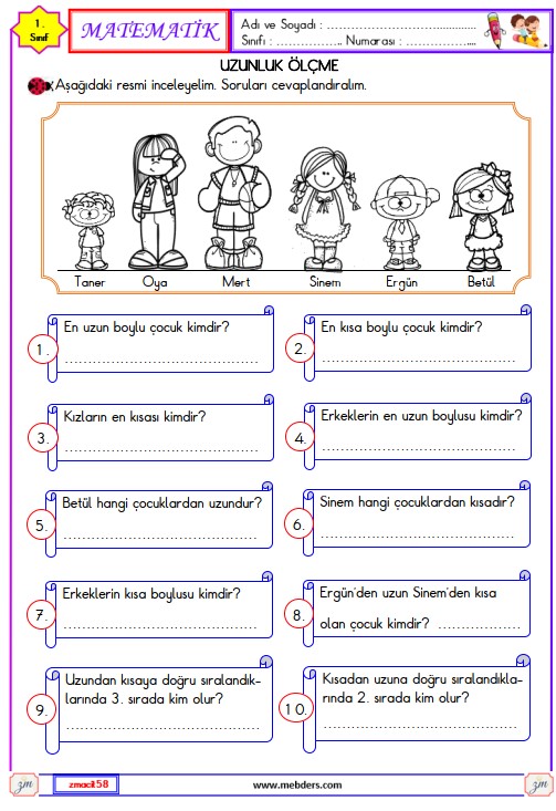 1. Sınıf Matematik Uzunluk Ölçme Etkinliği 5