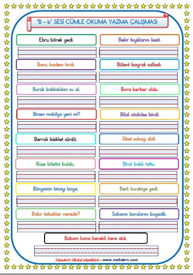 1. Sınıf B-b Sesi Cümle Okuma Yazma Çalışması (17 Farklı Cümle)