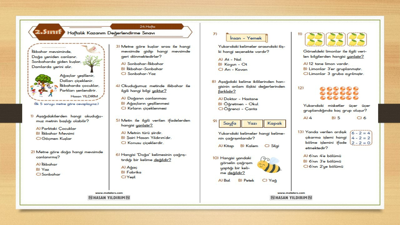 2. Sınıf Haftalık Değerlendirme Testi-24.Hafta(29 Mart-2 Nisan)