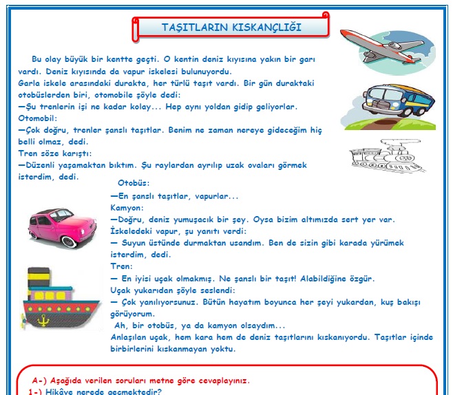 2. Sınıf Türkçe Taşıtların Kıskançlığı Okuma Anlama Metin Çalışması