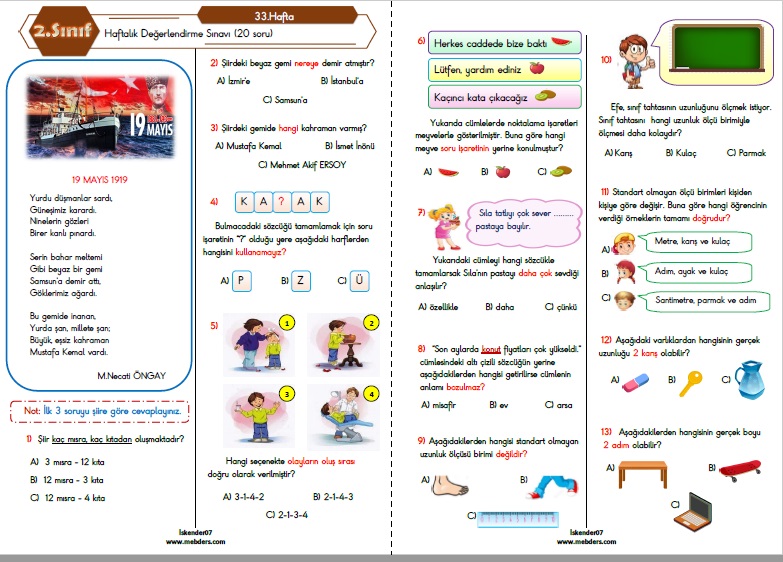 2. Sınıf Haftalık Değerlendirme Testi - 33.Hafta (22-26 Mayıs)