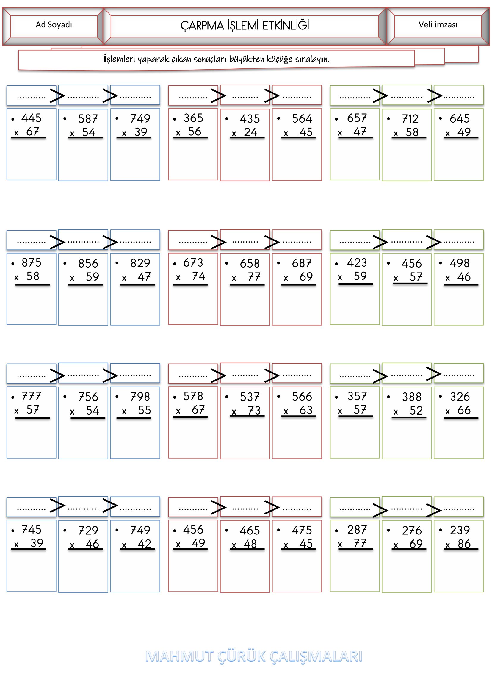 4. Sınıf Matematik Çarpma İşlemi Etkinliği-3