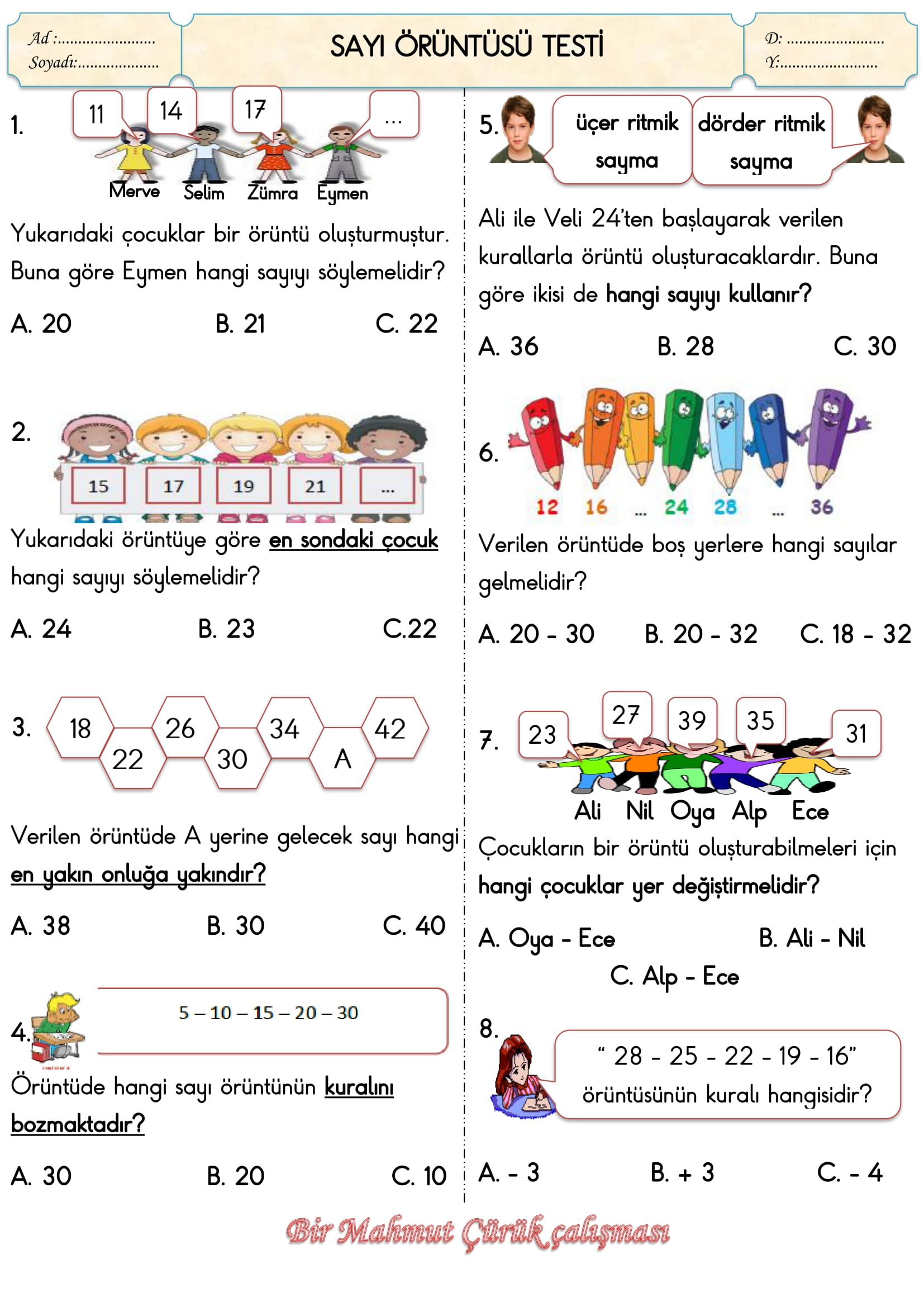 2. Sınıf Matematik Sayı Örüntüleri Testi