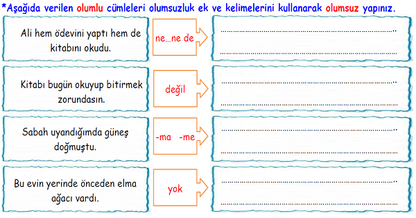 4. Sınıf Türkçe Olumlu-Olumsuz Cümleler Etkinliği