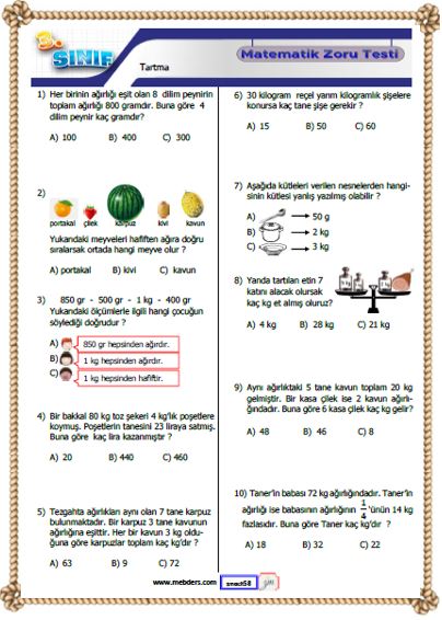 3. Sınıf Matematik Tartma Kazanım Testi