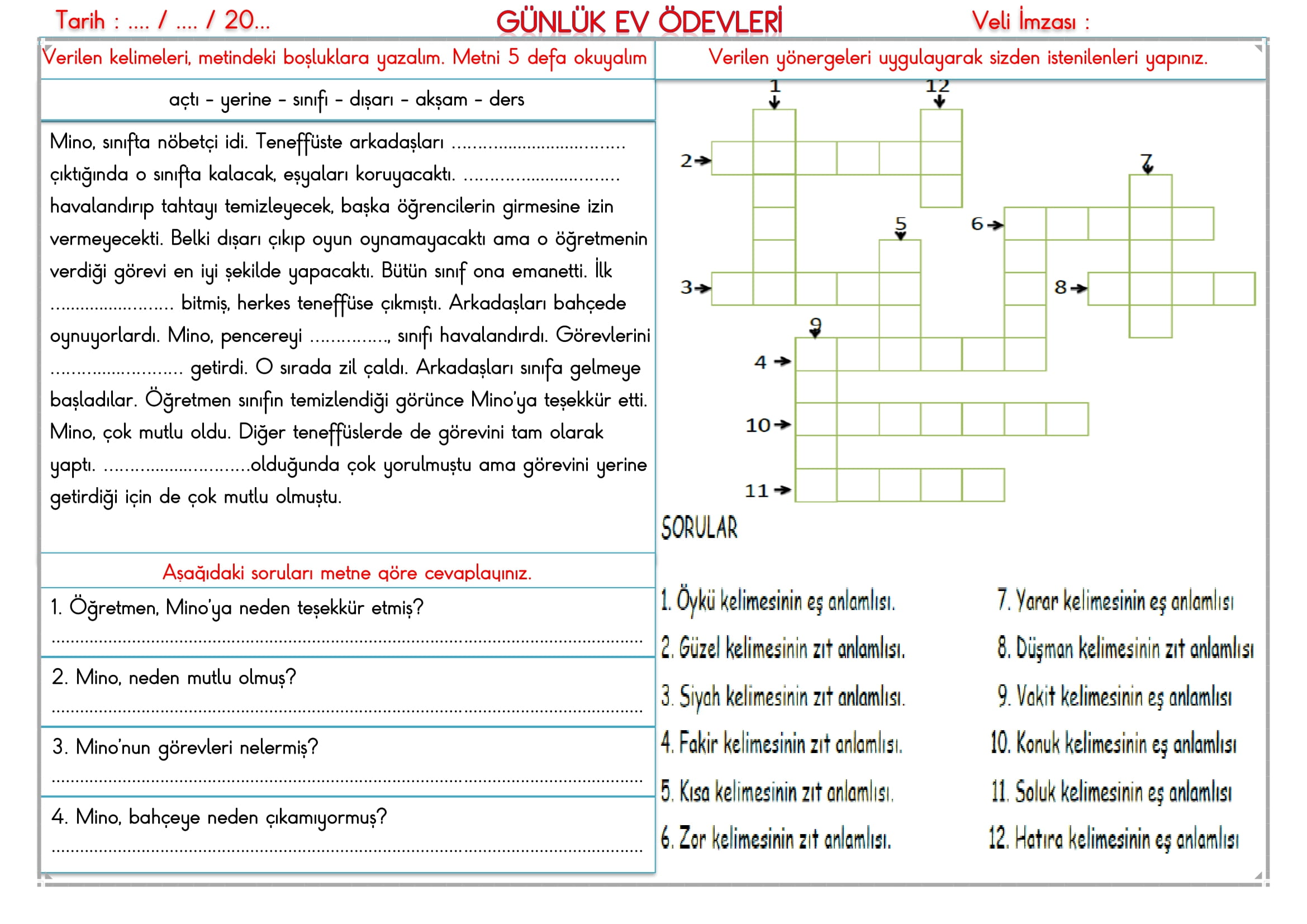 2. Sınıf 13 Ocak 2025 Günlük Ev Ödevi