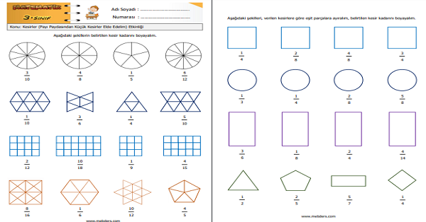 3. Sınıf Matematik Kesirler (Payı Paydasından Küçük Kesirler Elde Edelim) Etkinliği 1