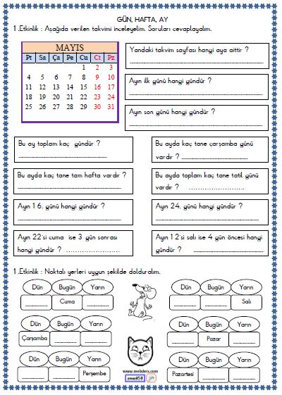 3. Sınıf Matematik Zaman Ölçü Birimleri Arasındaki İlişkiler Etkinliği 1
