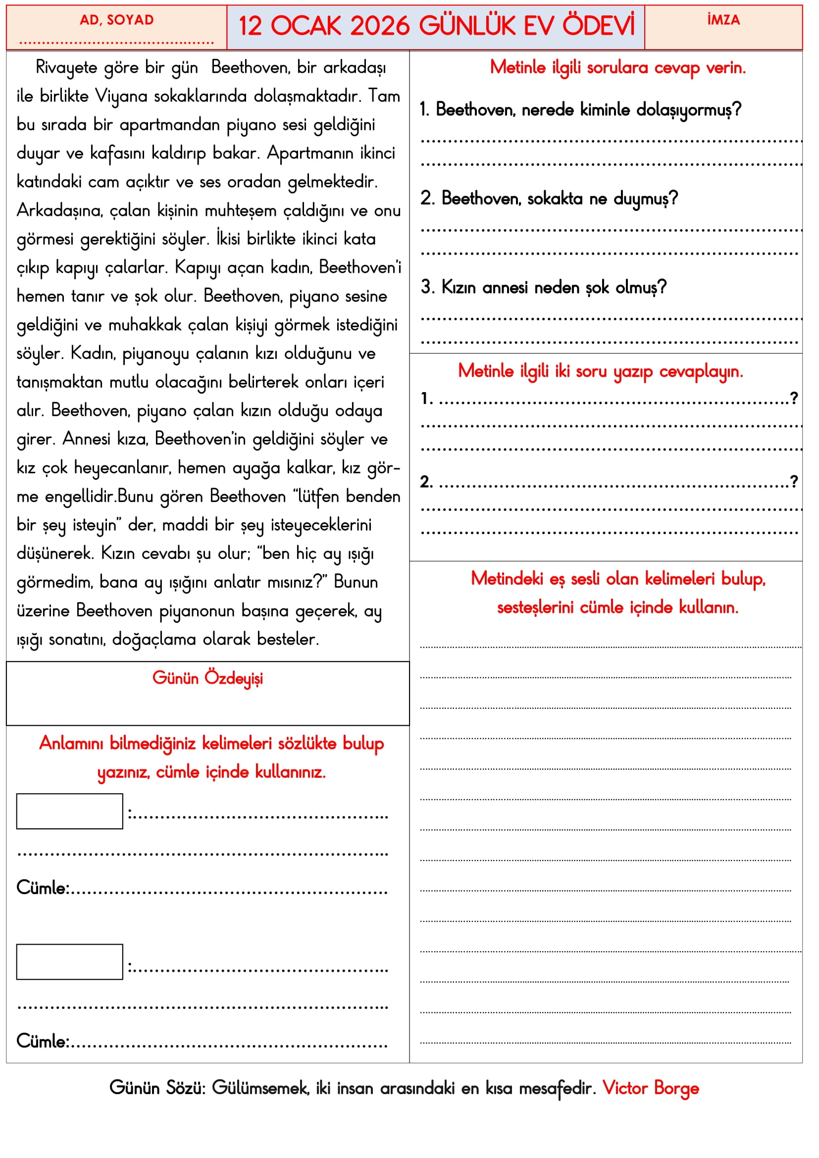 3. Sınıf - 12 Ocak 2026 Günlük Ev Ödevleri