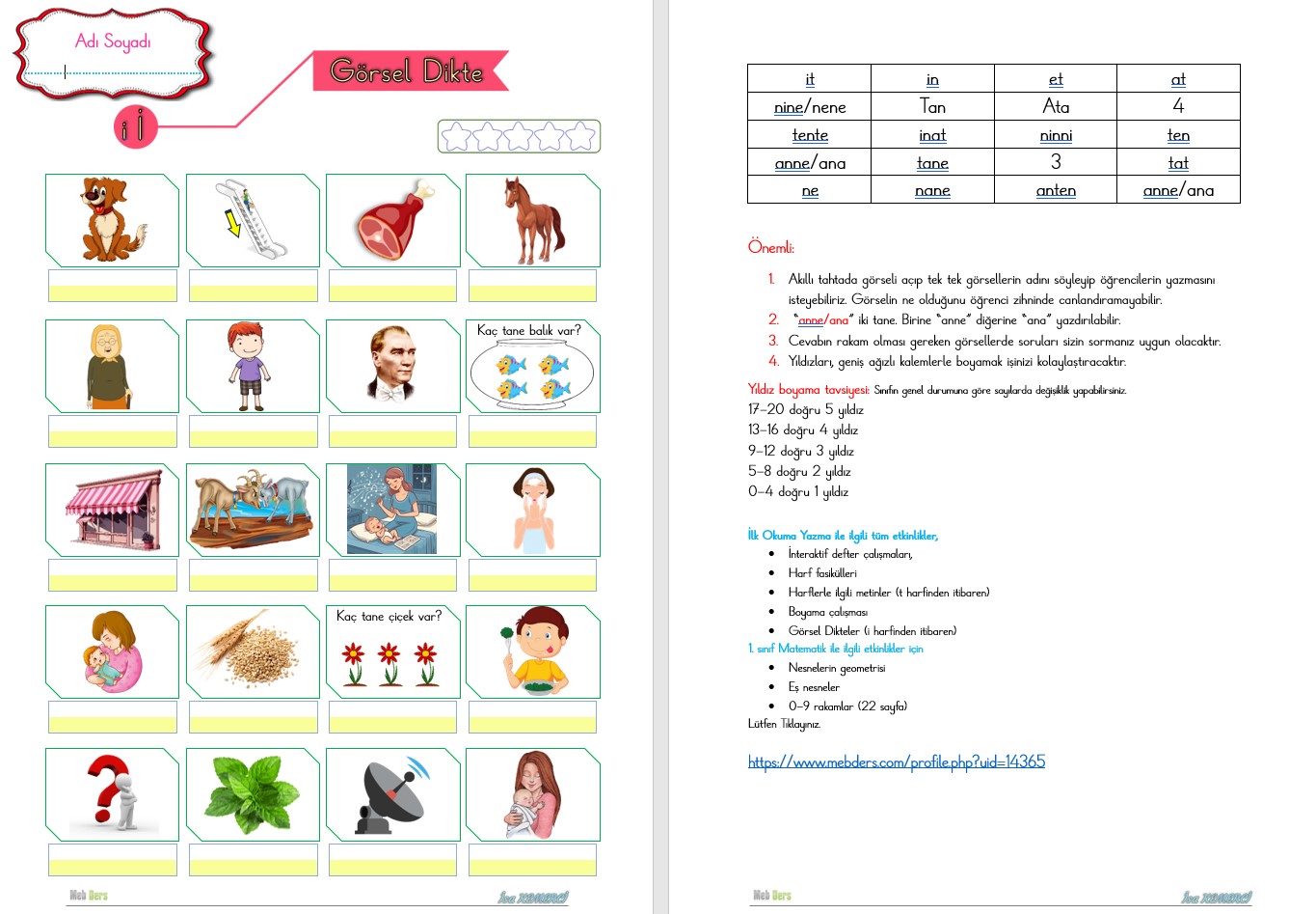 1. Sınıf İlk Okuma Yazma İ Sesi Görsel Dikte