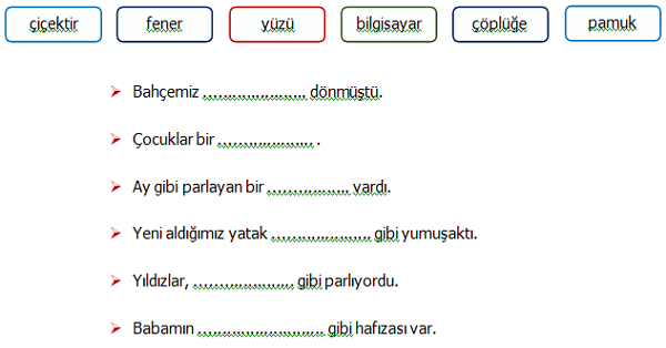4. Sınıf Türkçe Benzetme İfadeleri Etkinliği 1