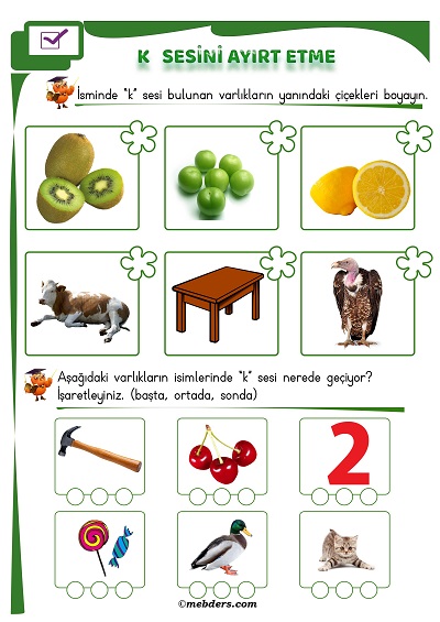 1. Sınıf İlkokuma K Sesi Ayırt Etme Etkinliği